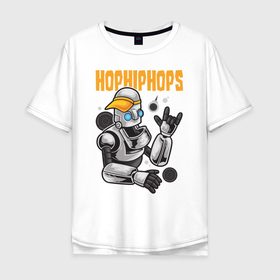 Мужская футболка хлопок Oversize с принтом Робот в бейсболке в Санкт-Петербурге, 100% хлопок | свободный крой, круглый ворот, “спинка” длиннее передней части | hip hоp | бейсболка | динамики | пальцы | робот | уличный стиль