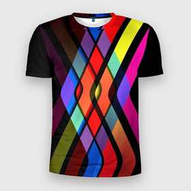 Мужская футболка 3D спортивная с принтом Пересечение  в Тюмени, 100% полиэстер с улучшенными характеристиками | приталенный силуэт, круглая горловина, широкие плечи, сужается к линии бедра | пересечение | полосы | разноцветное | разноцветные | ромб | спектр | спектр света | треугольник | цвета