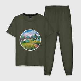 Мужская пижама хлопок с принтом Акварельные поля и тропинка в Тюмени, 100% хлопок | брюки и футболка прямого кроя, без карманов, на брюках мягкая резинка на поясе и по низу штанин
 | акварель | деревня | дома | зеленый | круг | лето | поля | рисунок