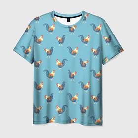 Мужская футболка 3D с принтом Петушки паттерн в Петрозаводске, 100% полиэфир | прямой крой, круглый вырез горловины, длина до линии бедер | rooster | паттерн | петух | петушки | птица | рисунок