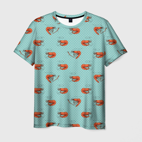 Мужская футболка 3D с принтом Креветки паттерн , 100% полиэфир | прямой крой, круглый вырез горловины, длина до линии бедер | sea food | вареные креветки | винтажный стиль | голубо зеленый цвет | горошек | еда | креветки | морепродукты | морские гады | оранжевый | паттерн | цвет тиффани