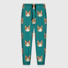 Мужские брюки 3D с принтом Рыжий кот паттерн в Тюмени, 100% полиэстер | манжеты по низу, эластичный пояс регулируется шнурком, по бокам два кармана без застежек, внутренняя часть кармана из мелкой сетки | Тематика изображения на принте: kitty | зеленый | кот | котенок | кошка | паттерн | рыжий кот
