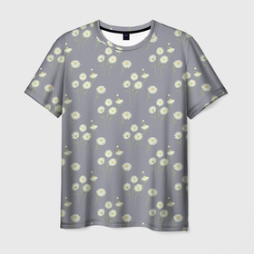 Мужская футболка 3D с принтом Ромашки на сером паттерн в Кировске, 100% полиэфир | прямой крой, круглый вырез горловины, длина до линии бедер | летний принт | паттерн | полевые цветы | природа | растения | ромашки | серый | цветы
