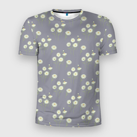 Мужская футболка 3D спортивная с принтом Ромашки на сером паттерн в Тюмени, 100% полиэстер с улучшенными характеристиками | приталенный силуэт, круглая горловина, широкие плечи, сужается к линии бедра | летний принт | паттерн | полевые цветы | природа | растения | ромашки | серый | цветы