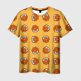 Мужская футболка 3D с принтом Тигры паттерн в Белгороде, 100% полиэфир | прямой крой, круглый вырез горловины, длина до линии бедер | дикие животные | желтый | иллюстрация | крупные кошки | крупный рисунок | паттерн | песочный цвет | рисунок | рыжий | сафари | тигры