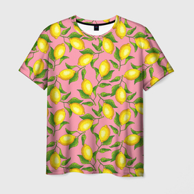 Мужская футболка 3D с принтом Лимоны паттерн в Екатеринбурге, 100% полиэфир | прямой крой, круглый вырез горловины, длина до линии бедер | ботаника | еда | желтые лимоны | иллюстрация | летний принт | лето | лимоны | паттерн | рисунок | розовый цвет | фрукты