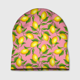 Шапка 3D с принтом Лимоны паттерн , 100% полиэстер | универсальный размер, печать по всей поверхности изделия | ботаника | еда | желтые лимоны | иллюстрация | летний принт | лето | лимоны | паттерн | рисунок | розовый цвет | фрукты