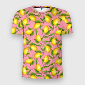 Мужская футболка 3D спортивная с принтом Лимоны паттерн в Курске, 100% полиэстер с улучшенными характеристиками | приталенный силуэт, круглая горловина, широкие плечи, сужается к линии бедра | ботаника | еда | желтые лимоны | иллюстрация | летний принт | лето | лимоны | паттерн | рисунок | розовый цвет | фрукты