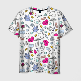 Мужская футболка 3D с принтом Медицинский паттерн в Тюмени, 100% полиэфир | прямой крой, круглый вырез горловины, длина до линии бедер | врач | доктор | дудл | иллюстрация | медбрат | медицинский | медсестра | паттерн | рисунок | стетоскоп