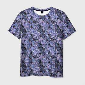 Мужская футболка 3D с принтом Сине-фиолетовый цветочный узор в Петрозаводске, 100% полиэфир | прямой крой, круглый вырез горловины, длина до линии бедер | однотонный | ретро | синие цветы | темный узор | цветочный узор | цветы