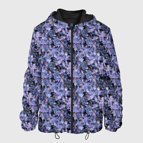 Мужская куртка 3D с принтом Сине-фиолетовый цветочный узор в Екатеринбурге, ткань верха — 100% полиэстер, подклад — флис | прямой крой, подол и капюшон оформлены резинкой с фиксаторами, два кармана без застежек по бокам, один большой потайной карман на груди. Карман на груди застегивается на липучку | Тематика изображения на принте: однотонный | ретро | синие цветы | темный узор | цветочный узор | цветы