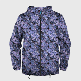 Мужская ветровка 3D с принтом Сине-фиолетовый цветочный узор в Новосибирске, 100% полиэстер | подол и капюшон оформлены резинкой с фиксаторами, два кармана без застежек по бокам, один потайной карман на груди | однотонный | ретро | синие цветы | темный узор | цветочный узор | цветы