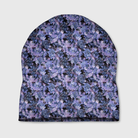 Шапка 3D с принтом Сине-фиолетовый цветочный узор в Новосибирске, 100% полиэстер | универсальный размер, печать по всей поверхности изделия | Тематика изображения на принте: однотонный | ретро | синие цветы | темный узор | цветочный узор | цветы