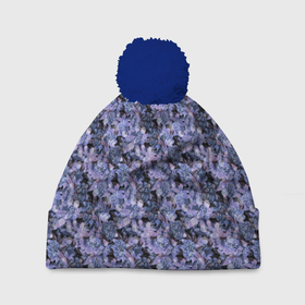 Шапка 3D c помпоном с принтом Сине-фиолетовый цветочный узор в Курске, 100% полиэстер | универсальный размер, печать по всей поверхности изделия | однотонный | ретро | синие цветы | темный узор | цветочный узор | цветы
