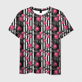 Мужская футболка 3D с принтом акварельные розы на полосатом  в Курске, 100% полиэфир | прямой крой, круглый вырез горловины, длина до линии бедер | акварельные розы | акварельный | красный | красный и черный | полосатый | полосатый черный | полосы | розы | черный