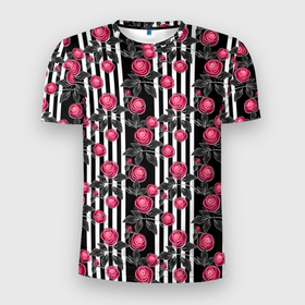 Мужская футболка 3D спортивная с принтом акварельные розы на полосатом  в Тюмени, 100% полиэстер с улучшенными характеристиками | приталенный силуэт, круглая горловина, широкие плечи, сужается к линии бедра | Тематика изображения на принте: акварельные розы | акварельный | красный | красный и черный | полосатый | полосатый черный | полосы | розы | черный