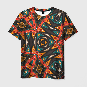 Мужская футболка 3D с принтом Абстрактный арабский узор  в Тюмени, 100% полиэфир | прямой крой, круглый вырез горловины, длина до линии бедер | Тематика изображения на принте: абстрактный | арабский | восточный | геометрические фигуры | заплатки | коричневый | оранжевый | орнамент | пэчворк | современный