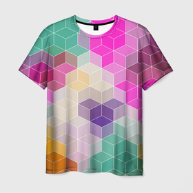 Мужская футболка 3D с принтом Абстрактный разноцветный узор  в Курске, 100% полиэфир | прямой крой, круглый вырез горловины, длина до линии бедер | абстрактный | бирюзовый | бордовый | геометрические фигуры | модный | розовый | ромбы | современный