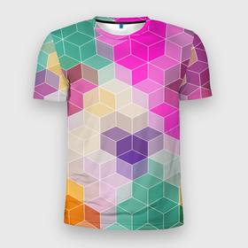 Мужская футболка 3D спортивная с принтом Абстрактный разноцветный узор  , 100% полиэстер с улучшенными характеристиками | приталенный силуэт, круглая горловина, широкие плечи, сужается к линии бедра | абстрактный | бирюзовый | бордовый | геометрические фигуры | модный | розовый | ромбы | современный