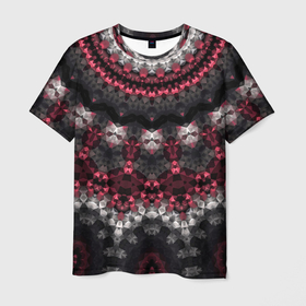 Мужская футболка 3D с принтом Красно-черный мозаичный узор  в Новосибирске, 100% полиэфир | прямой крой, круглый вырез горловины, длина до линии бедер | Тематика изображения на принте: абстрактный | восточный орнамент | калейдоскоп | красный и черный | креативный | модный | мозаика | орнамент | популярный | современный