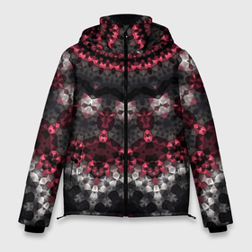 Мужская зимняя куртка 3D с принтом Красно черный мозаичный узор в Новосибирске, верх — 100% полиэстер; подкладка — 100% полиэстер; утеплитель — 100% полиэстер | длина ниже бедра, свободный силуэт Оверсайз. Есть воротник-стойка, отстегивающийся капюшон и ветрозащитная планка. 

Боковые карманы с листочкой на кнопках и внутренний карман на молнии. | Тематика изображения на принте: абстрактный | восточный орнамент | калейдоскоп | красный и черный | креативный | модный | мозаика | орнамент | популярный | современный