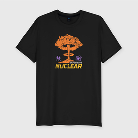 Мужская футболка хлопок Slim с принтом Nuclear Explosive в Новосибирске, 92% хлопок, 8% лайкра | приталенный силуэт, круглый вырез ворота, длина до линии бедра, короткий рукав | Тематика изображения на принте: атомный | бомба | взрыв | иероглифы | радиация | физика | ядерный