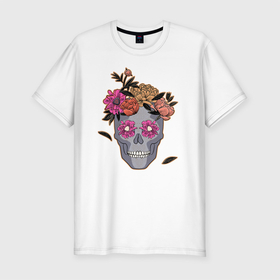 Мужская футболка хлопок Slim с принтом День мертвых Мексика в Белгороде, 92% хлопок, 8% лайкра | приталенный силуэт, круглый вырез ворота, длина до линии бедра, короткий рукав | calavera | sugar skull | день мертвых | иллюстрация | калавера | мексика | мексиканская вечеринка | мехико | рисунок | цветы | череп | череп с цветами