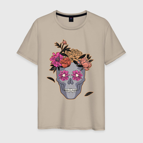 Мужская футболка хлопок с принтом День мертвых Мексика , 100% хлопок | прямой крой, круглый вырез горловины, длина до линии бедер, слегка спущенное плечо. | calavera | sugar skull | день мертвых | иллюстрация | калавера | мексика | мексиканская вечеринка | мехико | рисунок | цветы | череп | череп с цветами