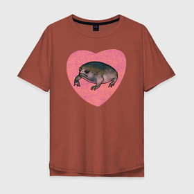 Мужская футболка хлопок Oversize с принтом Дождевая жаба в сердце в Курске, 100% хлопок | свободный крой, круглый ворот, “спинка” длиннее передней части | breviceps fuscus | в сердце | дождевая жаба | животные африканские | звери африки | лягушка | недовольная лягуха | розовое сердце | черная жаба | я люблю жаб | я люблю лягушек