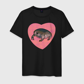 Мужская футболка хлопок с принтом Дождевая жаба в сердце в Екатеринбурге, 100% хлопок | прямой крой, круглый вырез горловины, длина до линии бедер, слегка спущенное плечо. | breviceps fuscus | в сердце | дождевая жаба | животные африканские | звери африки | лягушка | недовольная лягуха | розовое сердце | черная жаба | я люблю жаб | я люблю лягушек