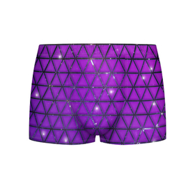 Мужские трусы 3D с принтом Фиолетовые треугольники в Новосибирске, 50% хлопок, 50% полиэстер | классическая посадка, на поясе мягкая тканевая резинка | Тематика изображения на принте: purple | абстракция | звезды | космос | треугольник