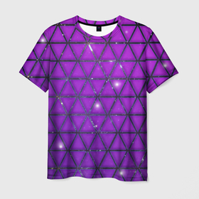 Мужская футболка 3D с принтом Фиолетовые треугольники в Курске, 100% полиэфир | прямой крой, круглый вырез горловины, длина до линии бедер | Тематика изображения на принте: purple | абстракция | звезды | космос | треугольник