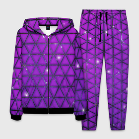 Мужской костюм 3D с принтом Фиолетовые треугольники в Петрозаводске, 100% полиэстер | Манжеты и пояс оформлены тканевой резинкой, двухслойный капюшон со шнурком для регулировки, карманы спереди | purple | абстракция | звезды | космос | треугольник
