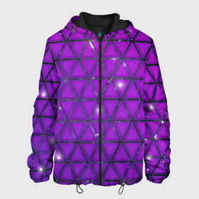 Мужская куртка 3D с принтом Фиолетовые треугольники в Петрозаводске, ткань верха — 100% полиэстер, подклад — флис | прямой крой, подол и капюшон оформлены резинкой с фиксаторами, два кармана без застежек по бокам, один большой потайной карман на груди. Карман на груди застегивается на липучку | Тематика изображения на принте: purple | абстракция | звезды | космос | треугольник