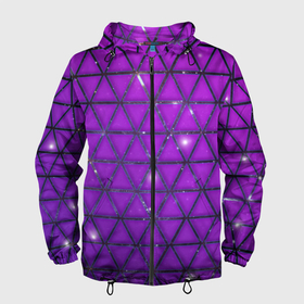 Мужская ветровка 3D с принтом Фиолетовые треугольники в Петрозаводске, 100% полиэстер | подол и капюшон оформлены резинкой с фиксаторами, два кармана без застежек по бокам, один потайной карман на груди | Тематика изображения на принте: purple | абстракция | звезды | космос | треугольник