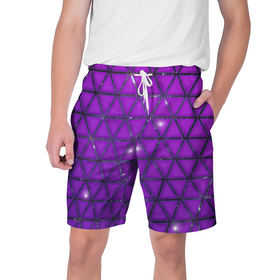 Мужские шорты 3D с принтом Фиолетовые треугольники в Петрозаводске,  полиэстер 100% | прямой крой, два кармана без застежек по бокам. Мягкая трикотажная резинка на поясе, внутри которой широкие завязки. Длина чуть выше колен | Тематика изображения на принте: purple | абстракция | звезды | космос | треугольник
