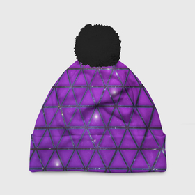 Шапка 3D c помпоном с принтом Фиолетовые треугольники в Новосибирске, 100% полиэстер | универсальный размер, печать по всей поверхности изделия | purple | абстракция | звезды | космос | треугольник