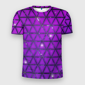 Мужская футболка 3D спортивная с принтом Фиолетовые треугольники в Курске, 100% полиэстер с улучшенными характеристиками | приталенный силуэт, круглая горловина, широкие плечи, сужается к линии бедра | Тематика изображения на принте: purple | абстракция | звезды | космос | треугольник