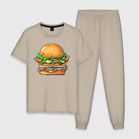 Мужская пижама хлопок с принтом Даблмак в Новосибирске, 100% хлопок | брюки и футболка прямого кроя, без карманов, на брюках мягкая резинка на поясе и по низу штанин
 | бургер | вредная еда | гамбургер | иллюстрация | макдак | чизбургер
