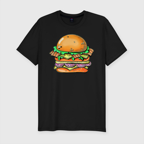 Мужская футболка хлопок Slim с принтом Даблмак , 92% хлопок, 8% лайкра | приталенный силуэт, круглый вырез ворота, длина до линии бедра, короткий рукав | бургер | вредная еда | гамбургер | иллюстрация | макдак | чизбургер