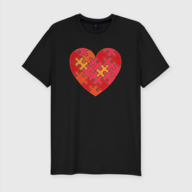 Мужская футболка хлопок Slim с принтом Аутизм Пазл из сердца в Курске, 92% хлопок, 8% лайкра | приталенный силуэт, круглый вырез ворота, длина до линии бедра, короткий рукав | 2 апреля | аутизм | аутист | всемирный день аутизма | красное | любовь | пазл | сердце | символ аутизма