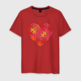 Мужская футболка хлопок с принтом Аутизм Пазл из сердца в Курске, 100% хлопок | прямой крой, круглый вырез горловины, длина до линии бедер, слегка спущенное плечо. | 2 апреля | аутизм | аутист | всемирный день аутизма | красное | любовь | пазл | сердце | символ аутизма