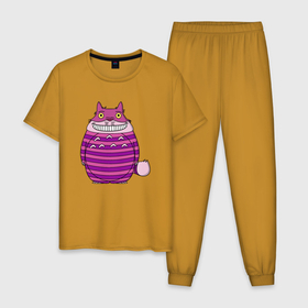 Мужская пижама хлопок с принтом Totoro Cat в Новосибирске, 100% хлопок | брюки и футболка прямого кроя, без карманов, на брюках мягкая резинка на поясе и по низу штанин
 | cat | ghibli | japan | nature | neigbor | neighbour | totoro | анимация | аниме | гибли | друг | животные | кот | кошка | лес | милый | мир | миядзаки | мой сосед тоторо | мульт | мультфильм | природа | сосед | тоторо | хаяо