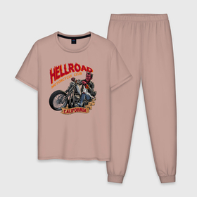 Мужская пижама хлопок с принтом Hellroad в Кировске, 100% хлопок | брюки и футболка прямого кроя, без карманов, на брюках мягкая резинка на поясе и по низу штанин
 | road | ад | байкер | дьявол | калифорния | клуб | мотоцикл | черт