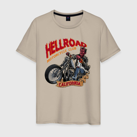 Мужская футболка хлопок с принтом Hellroad в Кировске, 100% хлопок | прямой крой, круглый вырез горловины, длина до линии бедер, слегка спущенное плечо. | Тематика изображения на принте: road | ад | байкер | дьявол | калифорния | клуб | мотоцикл | черт