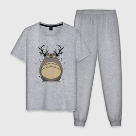 Мужская пижама хлопок с принтом Totoro Deer в Курске, 100% хлопок | брюки и футболка прямого кроя, без карманов, на брюках мягкая резинка на поясе и по низу штанин
 | deer | ghibli | japan | nature | neigbor | neighbour | totoro | анимация | аниме | гибли | друг | животные | лес | милый | мир | миядзаки | мой сосед тоторо | мульт | мультфильм | олень | природа | сосед | тоторо | хаяо | хранитель