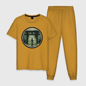 Мужская пижама хлопок с принтом Ронин в Петрозаводске, 100% хлопок | брюки и футболка прямого кроя, без карманов, на брюках мягкая резинка на поясе и по низу штанин
 | Тематика изображения на принте: зелень | катана | ронин | тории | япония
