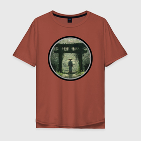 Мужская футболка хлопок Oversize с принтом Ронин в Петрозаводске, 100% хлопок | свободный крой, круглый ворот, “спинка” длиннее передней части | Тематика изображения на принте: зелень | катана | ронин | тории | япония