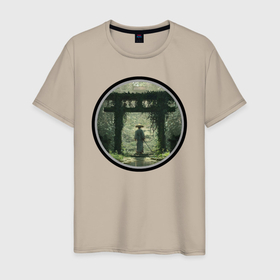 Мужская футболка хлопок с принтом Ронин в Белгороде, 100% хлопок | прямой крой, круглый вырез горловины, длина до линии бедер, слегка спущенное плечо. | Тематика изображения на принте: зелень | катана | ронин | тории | япония