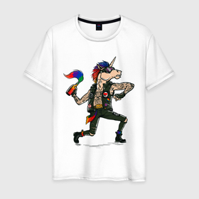 Мужская футболка хлопок с принтом Единорг Панк в Екатеринбурге, 100% хлопок | прямой крой, круглый вырез горловины, длина до линии бедер, слегка спущенное плечо. | pride | единорог | конь | лошадь | панг | рог | рок